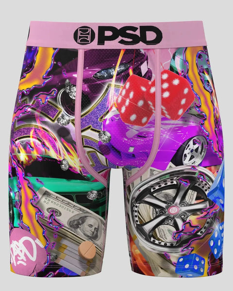 Pink PSD boxer briefs with colorful digital print featuring cars, dice, money, and chrome wheels.