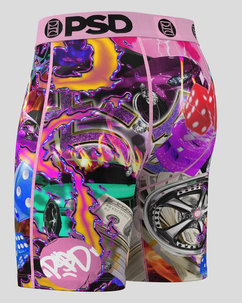 PSD boxer briefs with pink waistband and multicolored abstract print featuring cars, money, and neon graphics.