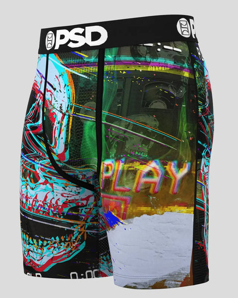 PSD boxer briefs with colorful digital print design featuring neon graphics and abstract artwork on black background.