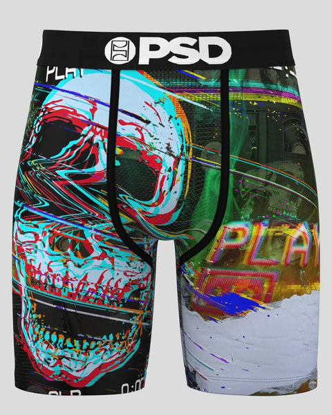 PSD boxer briefs with colorful neon glitch-style graphics featuring distorted skull and text designs on black and white backg