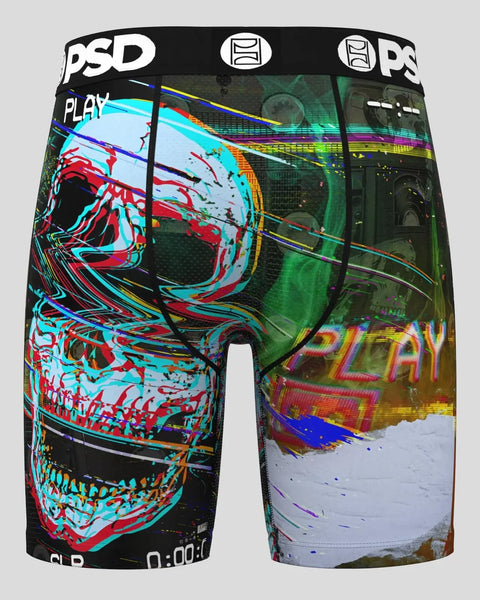 PSD boxer briefs with black waistband, featuring colorful digital art print with red skull, cyan, blue, and yellow neon strea