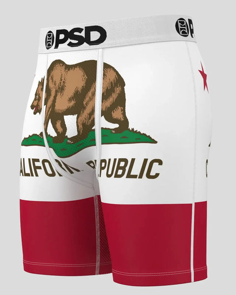 PSD boxer briefs with California state flag design, white and red colorway with bear and text graphic.
