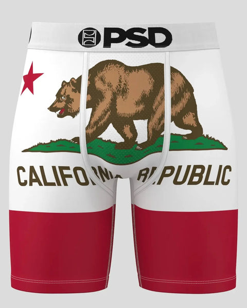 White and red boxer briefs with California state flag design featuring bear and star.
