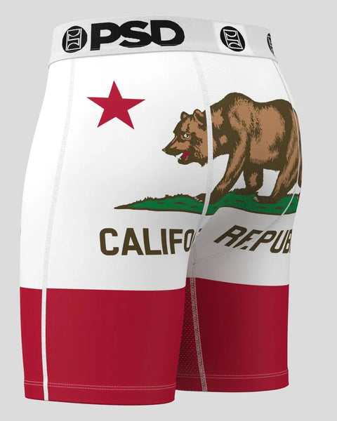 White and red PSD boxer briefs with California flag design featuring bear and star.