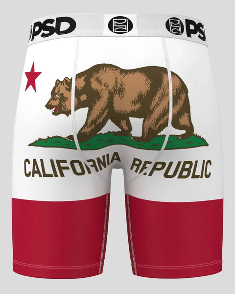 White and red PSD boxer briefs with California Republic flag design featuring bear and star.