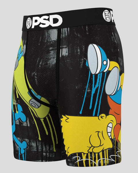 Black PSD boxer briefs with Bart Simpson skateboarding graphic in yellow, blue, and orange colors.