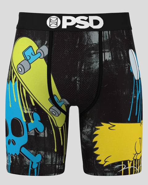PSD brand black boxer briefs with Simpsons Bart character skateboarding graphic in yellow and blue.