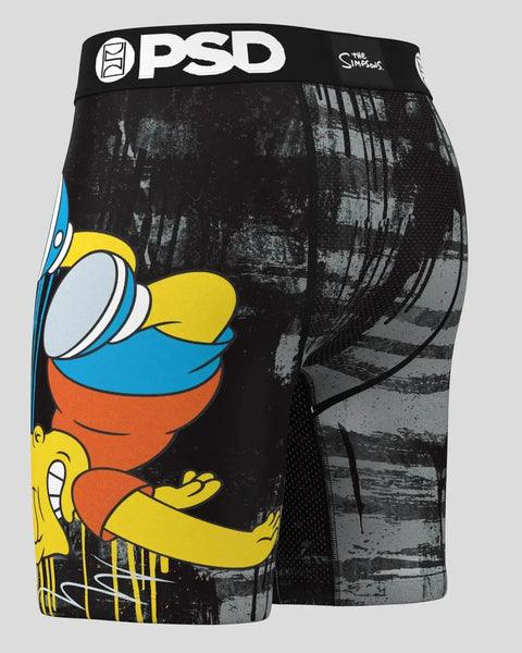 Black PSD boxer shorts with Bart Simpson character graphic on front and urban street scene print on back.