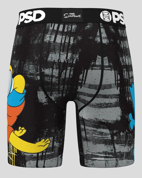 Black PSD boxer briefs featuring Bart Simpson character in blue and yellow with distressed urban background imagery.