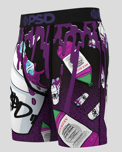 PSD brand purple shorts with black and white graphic print featuring bottle and drip design.