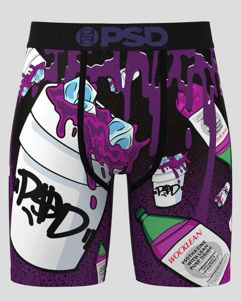 PSD boxer briefs with purple and black graphic print featuring cartoon bottle and liquid designs, black waistband with logo.