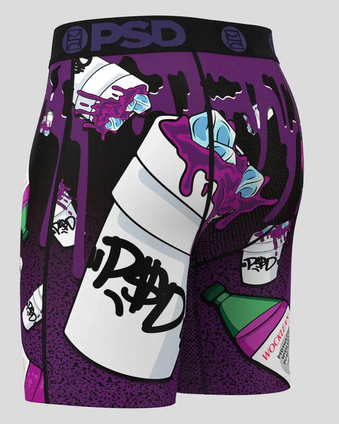 PSD purple and black shorts with graphic print featuring white bottle and cartoon-style illustrations, black waistband with P
