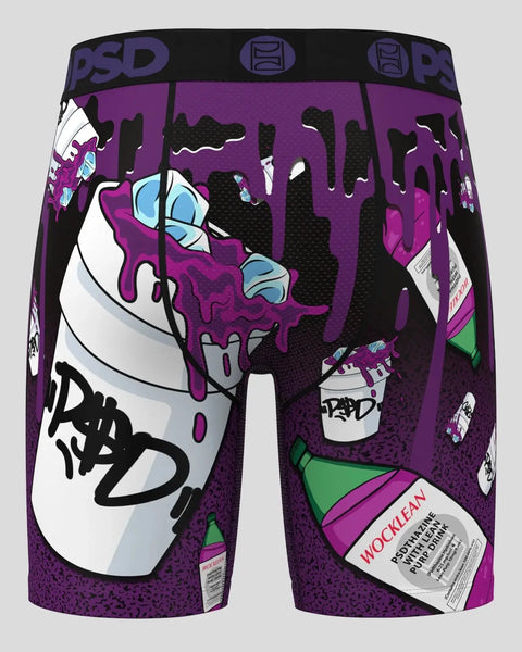Purple shorts with black waistband featuring cartoon liquid bottle graphics, dripping design, and 
