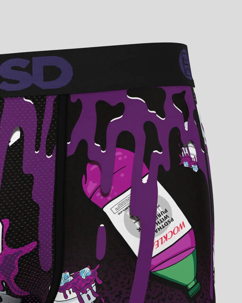 Black shorts with purple and magenta graphic design featuring dripping paint effect and text details.