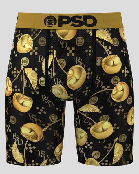 PSD brand boxer shorts with black fabric and gold cherry and leaf pattern throughout.