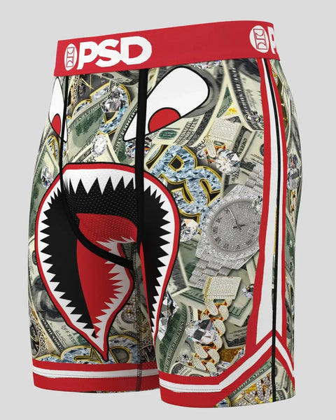 PSD Warface Red boxer briefs with red waistband, money and jewelry print, and black spiky mouth graphic.