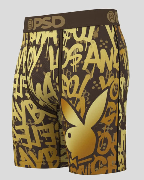 PSD boxer briefs with brown and gold Playboy bunny logo print and PSD waistband.