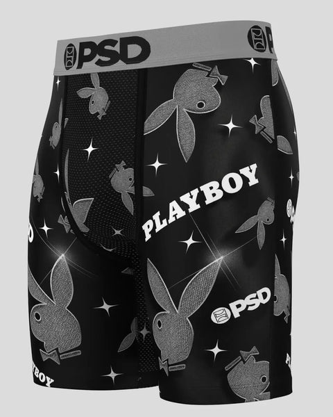 PSD Playboy Lux boxer briefs with gray waistband, featuring black fabric with repeating gray bunny logo and star pattern.