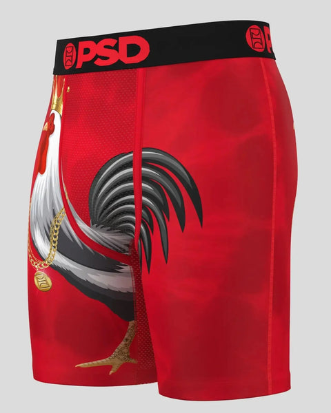Red PSD boxer briefs with black rooster graphic and gold chain design on front.
