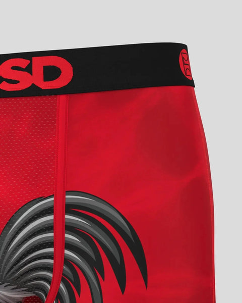 Red underwear with black elastic waistband featuring text logo and rooster feather graphic.