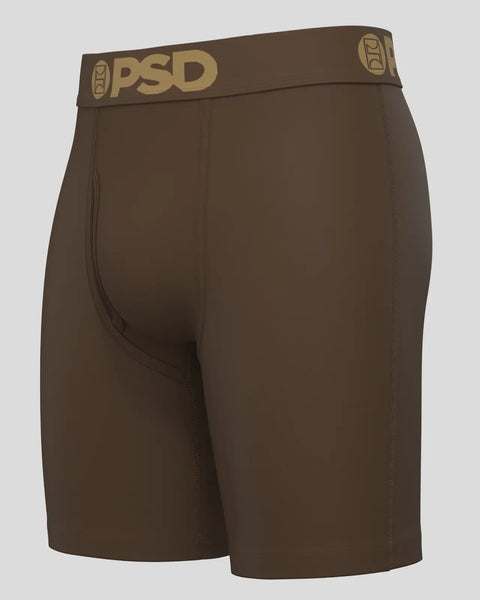 Cocoa brown PSD Modal Solids boxer brief with tan waistband and logo.