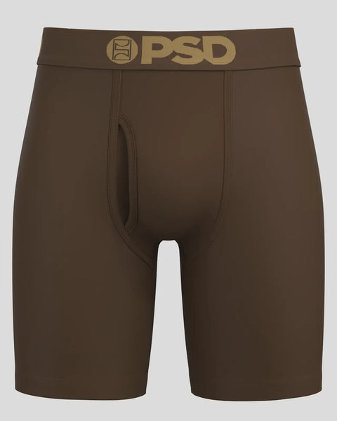 Cocoa brown boxer shorts with PSD waistband and contrast stitching.