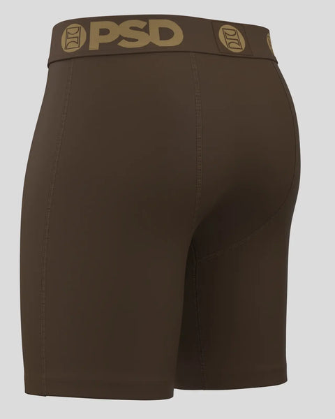 Brown modal shorts with PSD waistband and logo, displaying center seams and fitted silhouette.