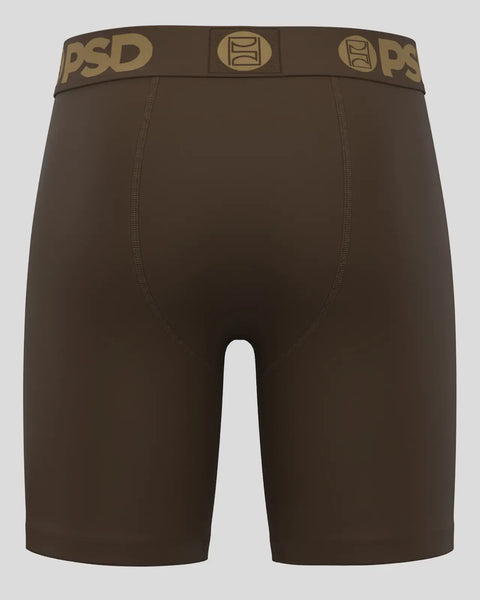 Brown modal shorts with tan PSD waistband and center seam stitching.