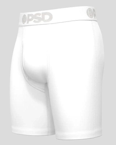 White PSD Modal Solids boxer briefs with gray elastic waistband and tonal stitching.