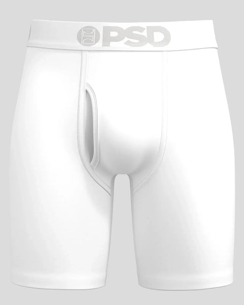 White PSD modal solid briefs with logo waistband and fly opening.