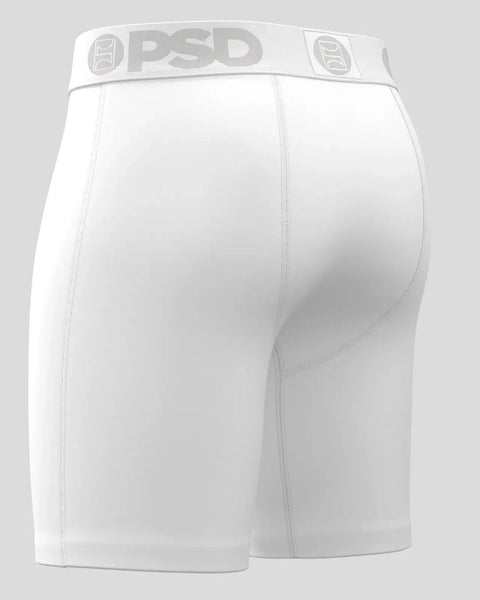 White Modal Solids boxer briefs with PSD waistband and contrast stitching.