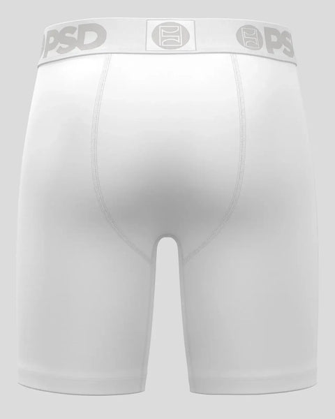 White modal boxer briefs with PSD waistband and contrast stitching, back view.