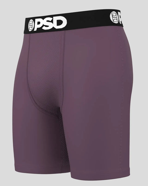 Purple boxer briefs with black PSD waistband and center seam detail.