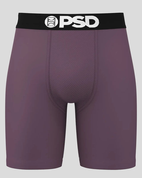 Purple boxer briefs with black PSD waistband and white logo.