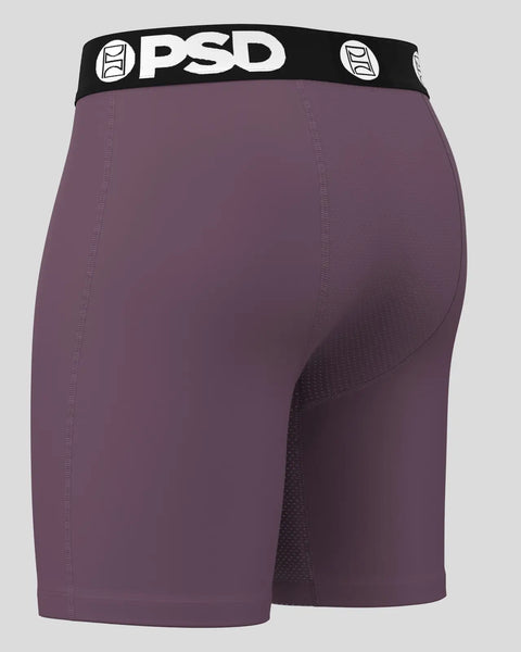 Purple boxer briefs with black PSD waistband and white logo detail.