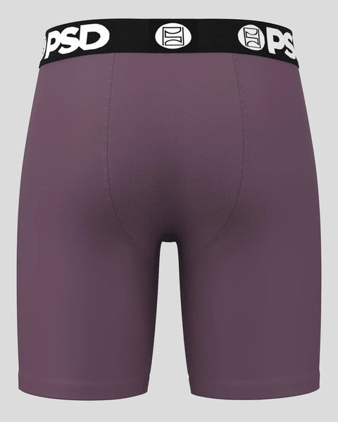 Purple boxer briefs with black and white PSD waistband featuring logo details.