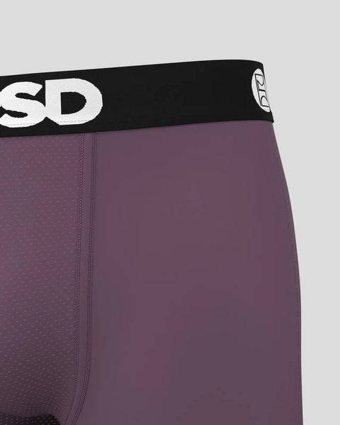 Purple solid underwear with black branded waistband and white logo text.