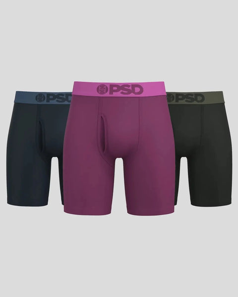 Three boxer briefs in navy, burgundy, and olive with PSD branded waistbands.