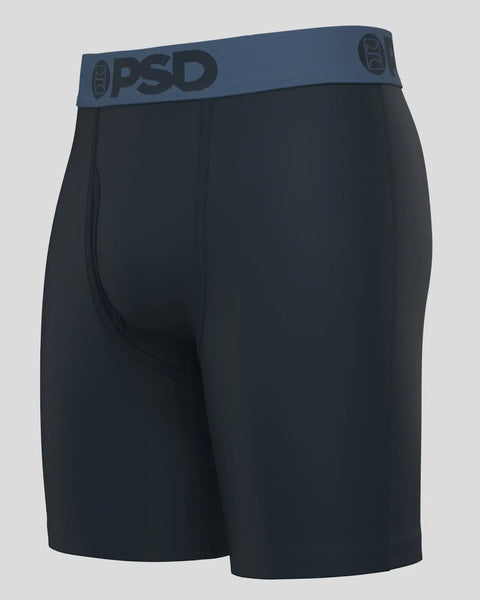 Black modal boxer briefs with blue PSD waistband and logo.