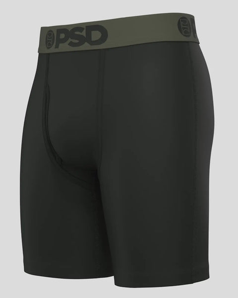 Black modal boxer briefs with olive green waistband featuring PSD branding and logo.