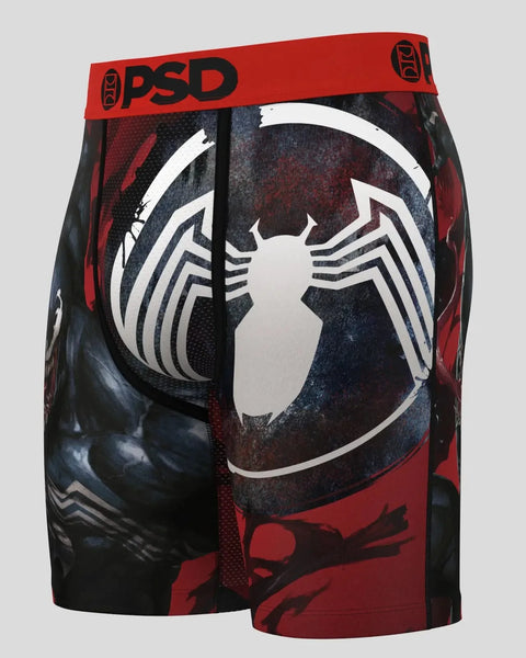 PSD brand boxer shorts with red and black Venom character design and white spider symbol on front.