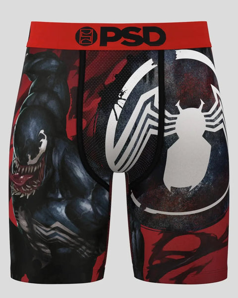 PSD brand boxer shorts with black and red Venom character graphic and white spider symbol on front and back.