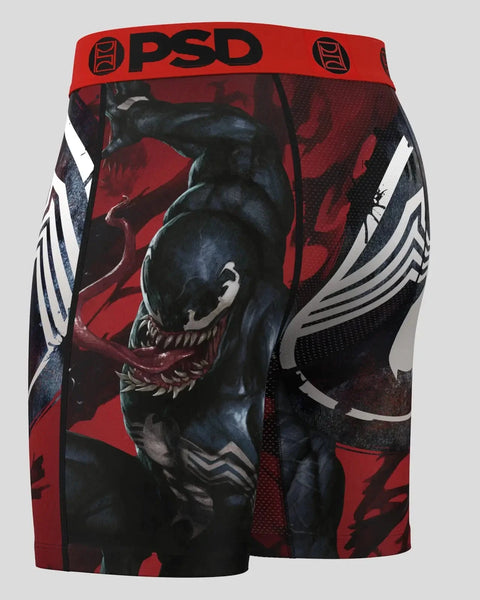 PSD brand red and black shorts with Venom character graphic and white stripe design on sides.