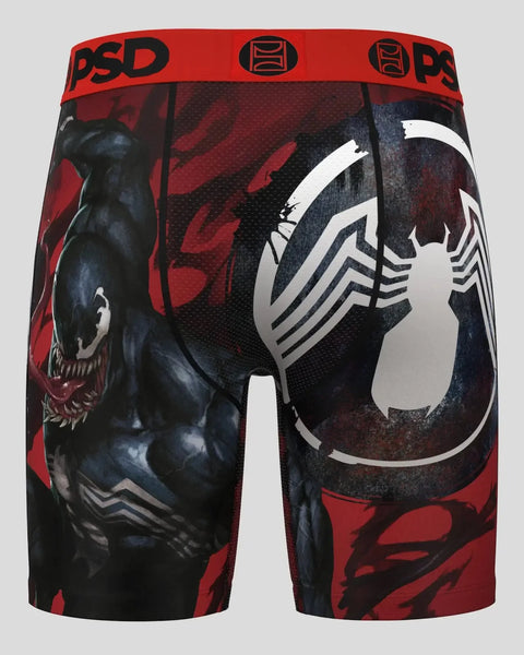 Black and red Venom character shorts with white spider logo and PSD waistband.