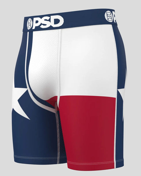 PSD brand boxer briefs with navy blue waistband, white upper panel, and red lower panel featuring Texas flag design.