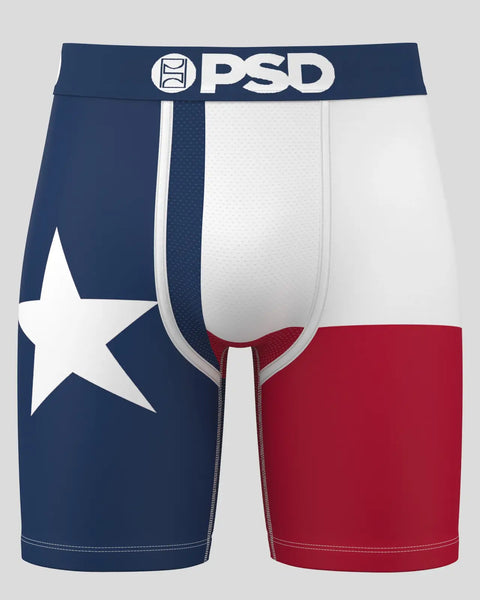 PSD brand men's boxer briefs with Texas flag design in navy, white, and red.