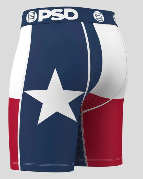 PSD boxer briefs with navy, white, and red Texas flag design and white star.