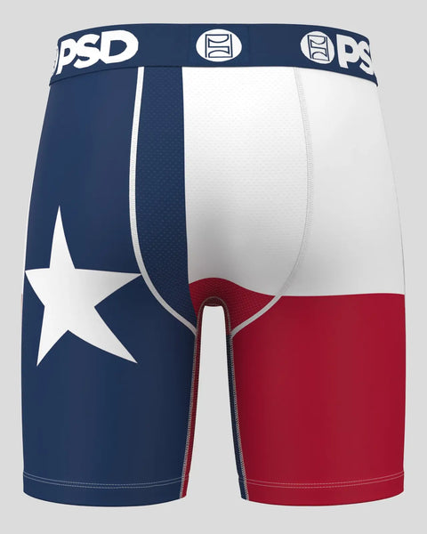 PSD boxer briefs with navy blue left side featuring white star, white center panel, and red right side with gray waistband.