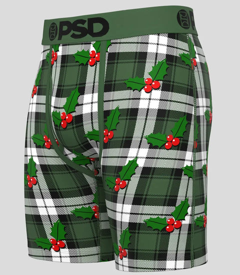 Green and white plaid boxer shorts with holly and red berries pattern, PSD waistband visible.