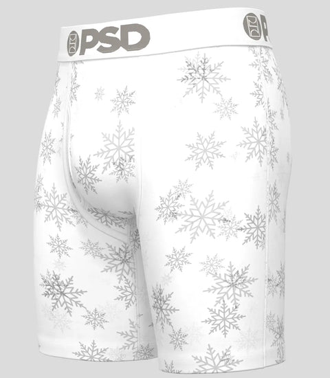 White boxer briefs with gray snowflake pattern and PSD branded waistband.